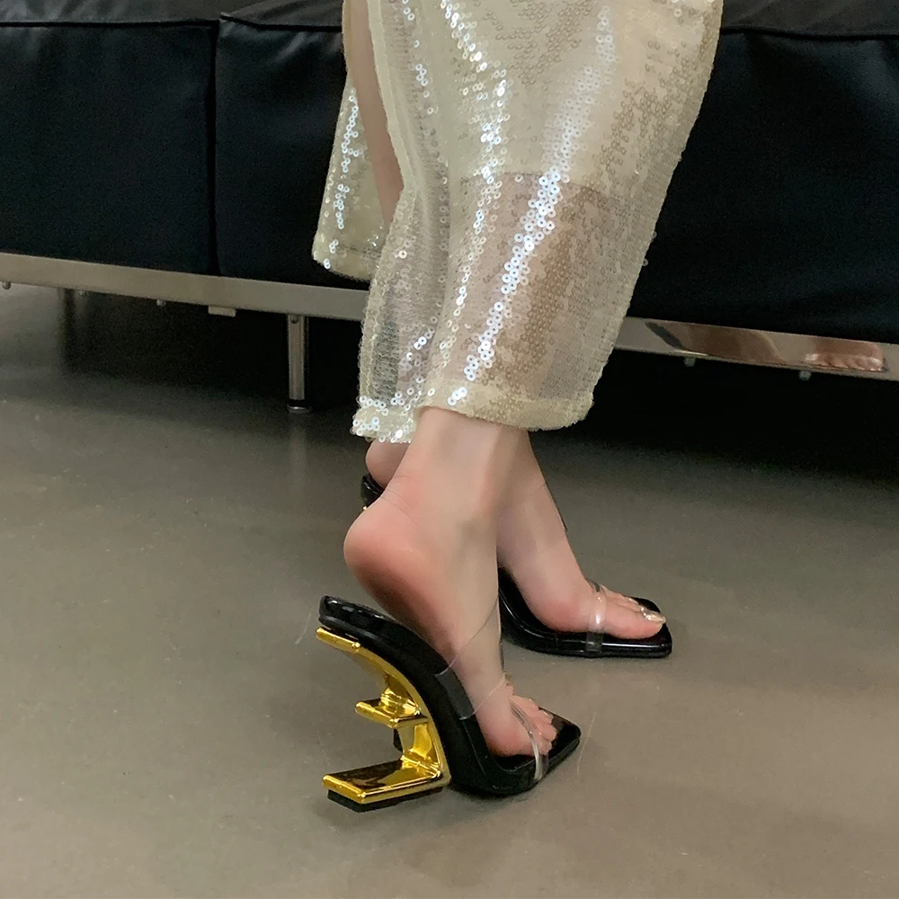 Aneikeh Summer Fashion Transparent  PVC Golden Fretwork Heels Sandals Women Sexy High Heels Slippers Exposed Toes Party Shoes