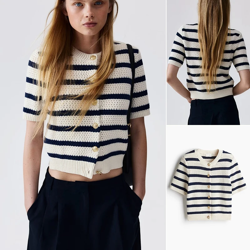 

Summer New Women's Cotton Blend Metal Button round Ne ort Sve Knitted Open Cardigan Slim Fit Commute Sle Polyester F...