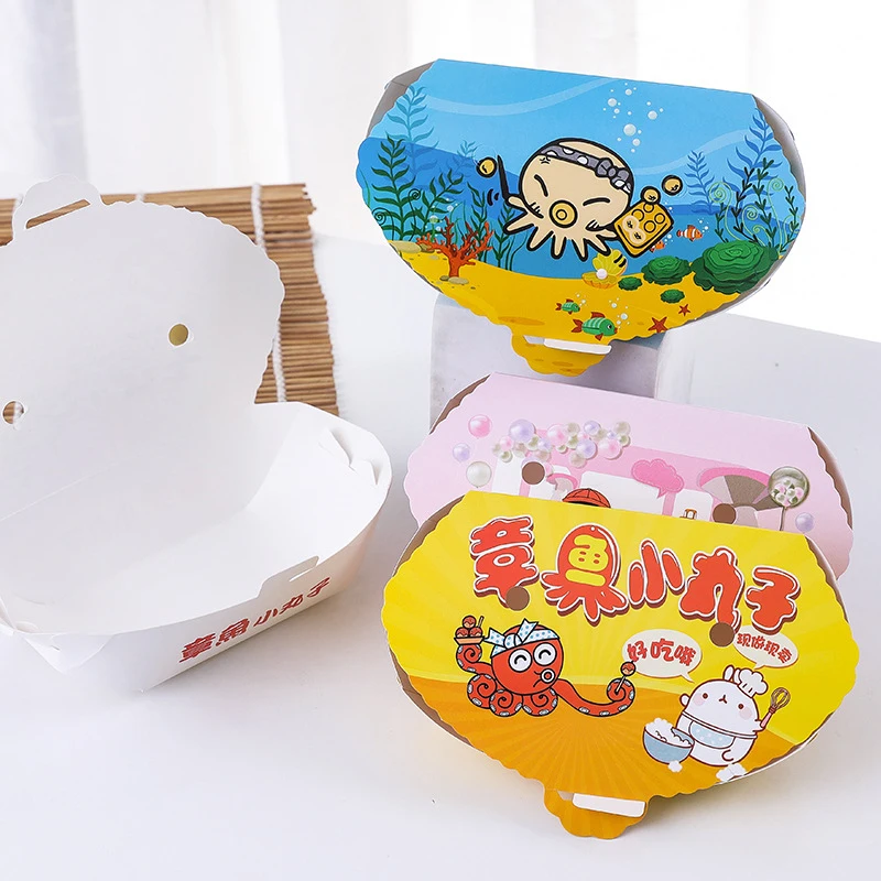 100Pcs Food Takoyaki Takeaway Snack Packing Container Party Disposable Cartoon Octopus Ball Packaging Box Japanese Street