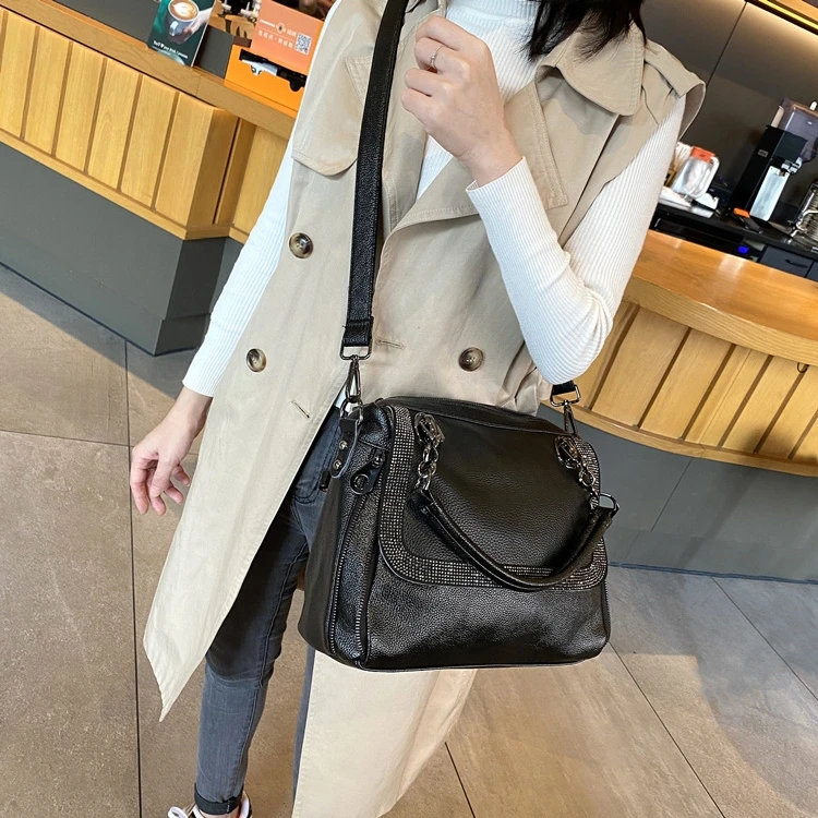 Women Vegan Artificial Leather Rhinestone Handle Handbag Shiny Luxury Designer Daily Work Big Capacity Side Sling Shoulder Bag