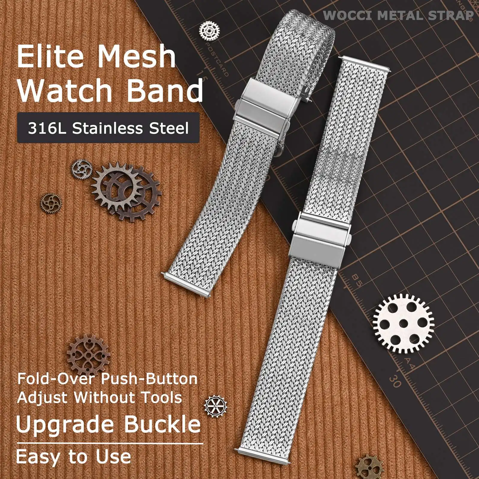 WOCCI Elite Metal Watch Band, Mesh Woven, Mesh Woven, Quick Release, Upgraded Fold Clasp, Strap Width 14mm 16mm 18mm 20mm 22mm