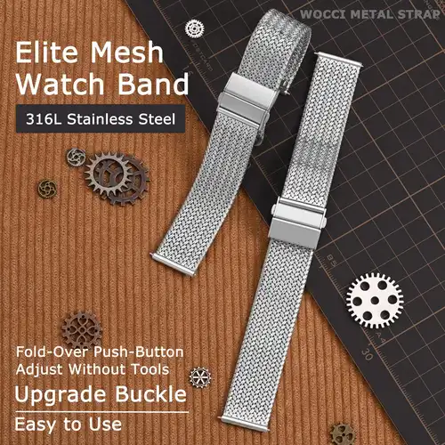 Imagen 2 del producto WOCCI Elite Correa de reloj de metal, tejido de malla, tejido de malla, liberación rápida, cierre plegable mejorado, ancho de correa 14 mm 16 mm 18 mm 20 mm 22 mm