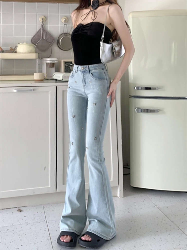 

Rhinestone Denim Bootleg Pants Jeans Women's Spring 2024 New Elastic High Waist Slim Figure Flattering Mopping Pants Trousers