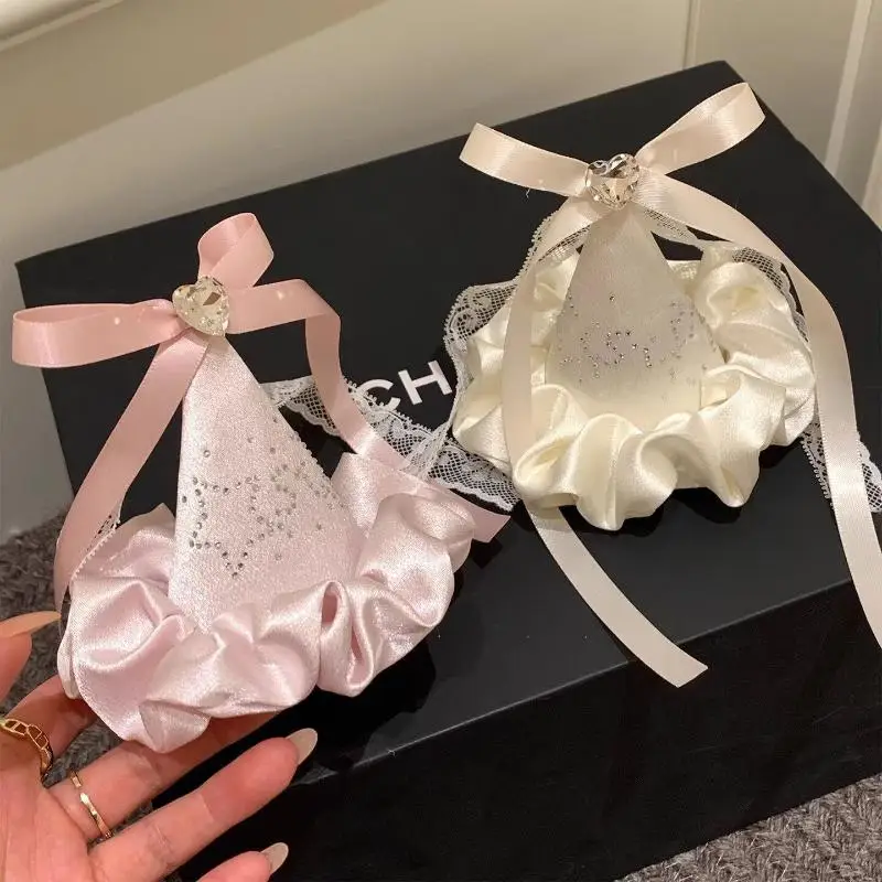 Mini Satin Party Hat, Rhinestone Heart Bow Lace Trim For Girls Shower Photos