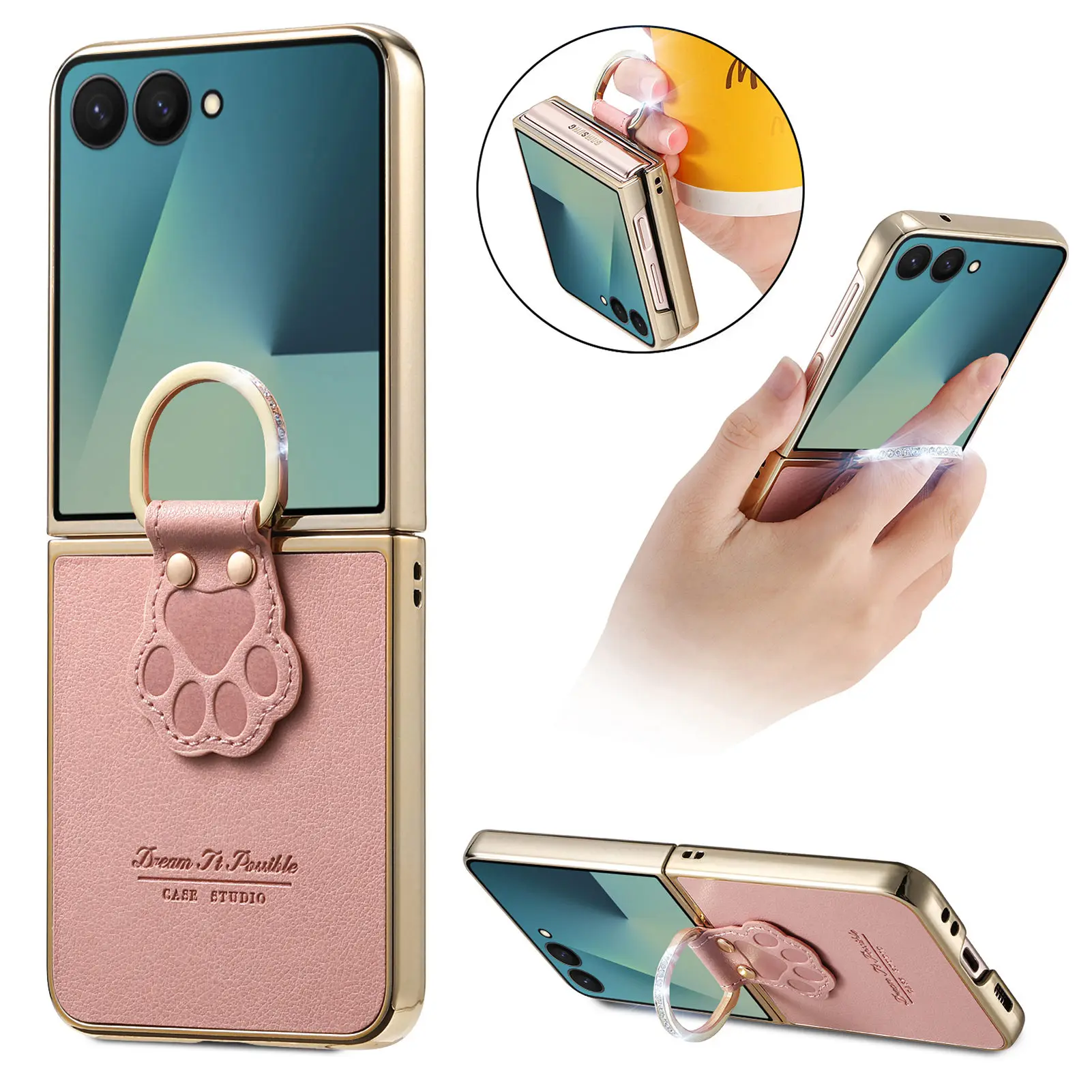 Niedliche Katzenpfoten-Prägung Ringhalter Leder-Handyhülle für Samsung Galaxy Z Flip 8 7 FE 6 5 4 Stoßfeste Komfortable Griffhülle