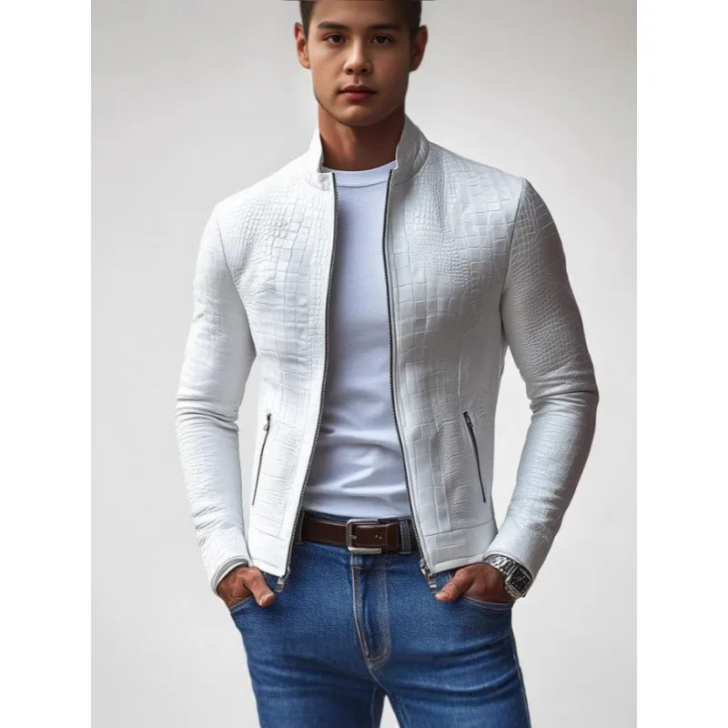 Women's Punk Stand Collar Slim Fit Long Sleeve Wrinkle Resistant White Leather Crocodile Embossed Full Zip Front Jacket with