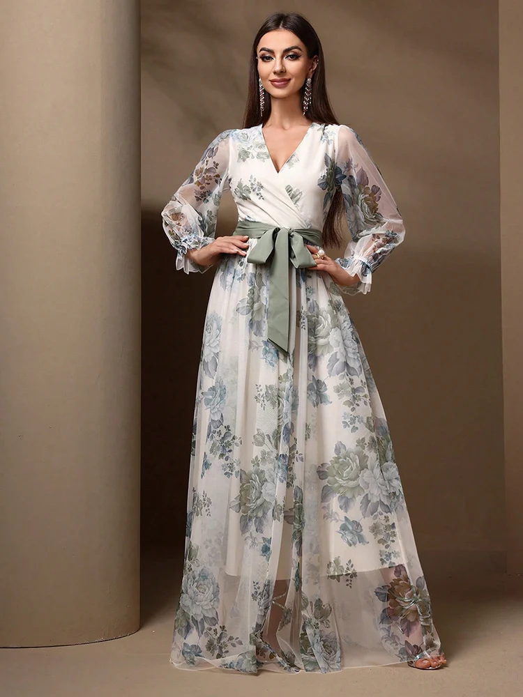 TOLEEN Summer Floral Print Flare Sleeve Belted Lace Mesh Overlay Maxi Dress 2024 New in Women Casual Elegant Female Long Dresses