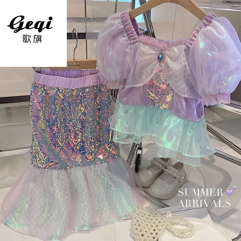 Summer Girls Clothing Set Korean Fashion Toddler Kids Shiny Shirt Top Fishtail skirt 2pcs Outfit Children Casual Princess Suit