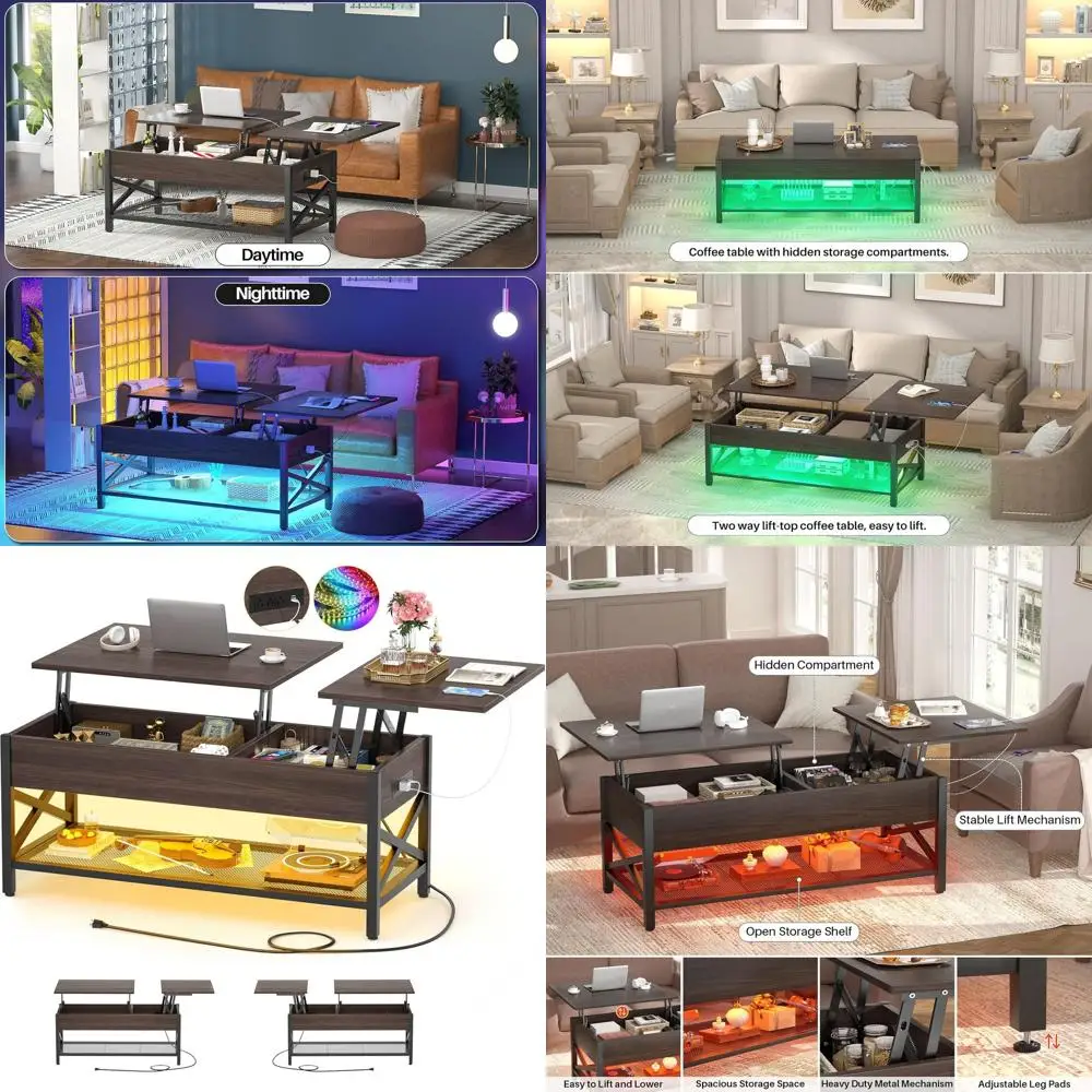 

Espresso Finish Modern Coffee Table with Lift Top, LED Light, and Power Outlet, Storage Shelf, Living Room Center Table with X-F