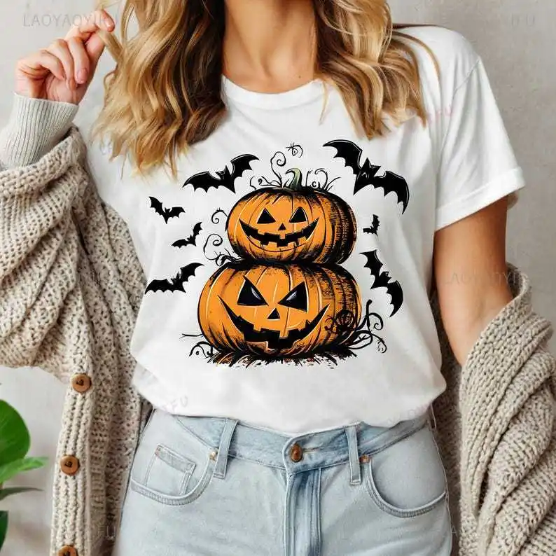 Halloween Pumpkin Bat Cartoon Woman Printed T-shirt Funny All Saints' Day Jack Lanterns T Shirt Orange High Quality Cotton Tops