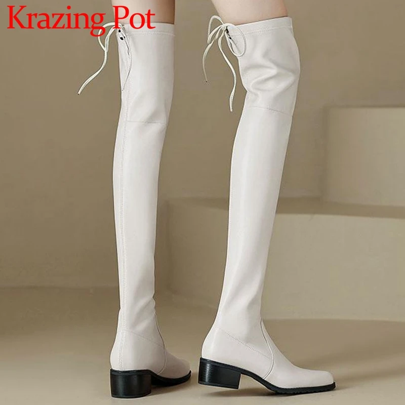 

Krazing Pot 2023 Microfiber Med Heels Thin Leg Square Toe Stretch Boots Bowtie Grace Nightclub Fashion Zip Over-the-knee Boots