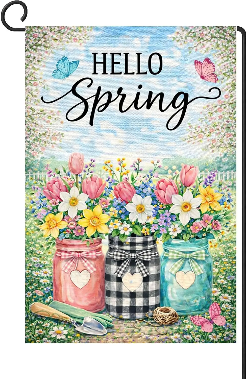 12x18 Inch Mason Jar Tulip Hello Spring Garden Flag Seasonal Outdoor Decor Double Sided Polyester Yard Flag for Yard Porch L PPM