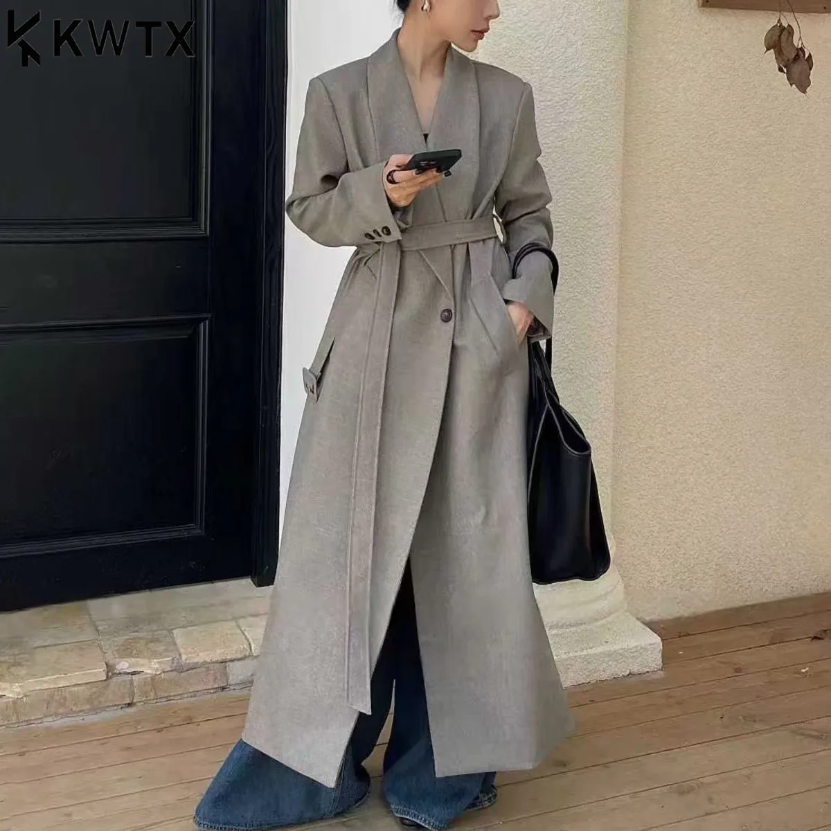 

KWTX Women's Trench Coat Lapel Belted Waist Long Overcoat Casual Elegant Solid Fall Outerwear Plus Size Streetwear Fashion