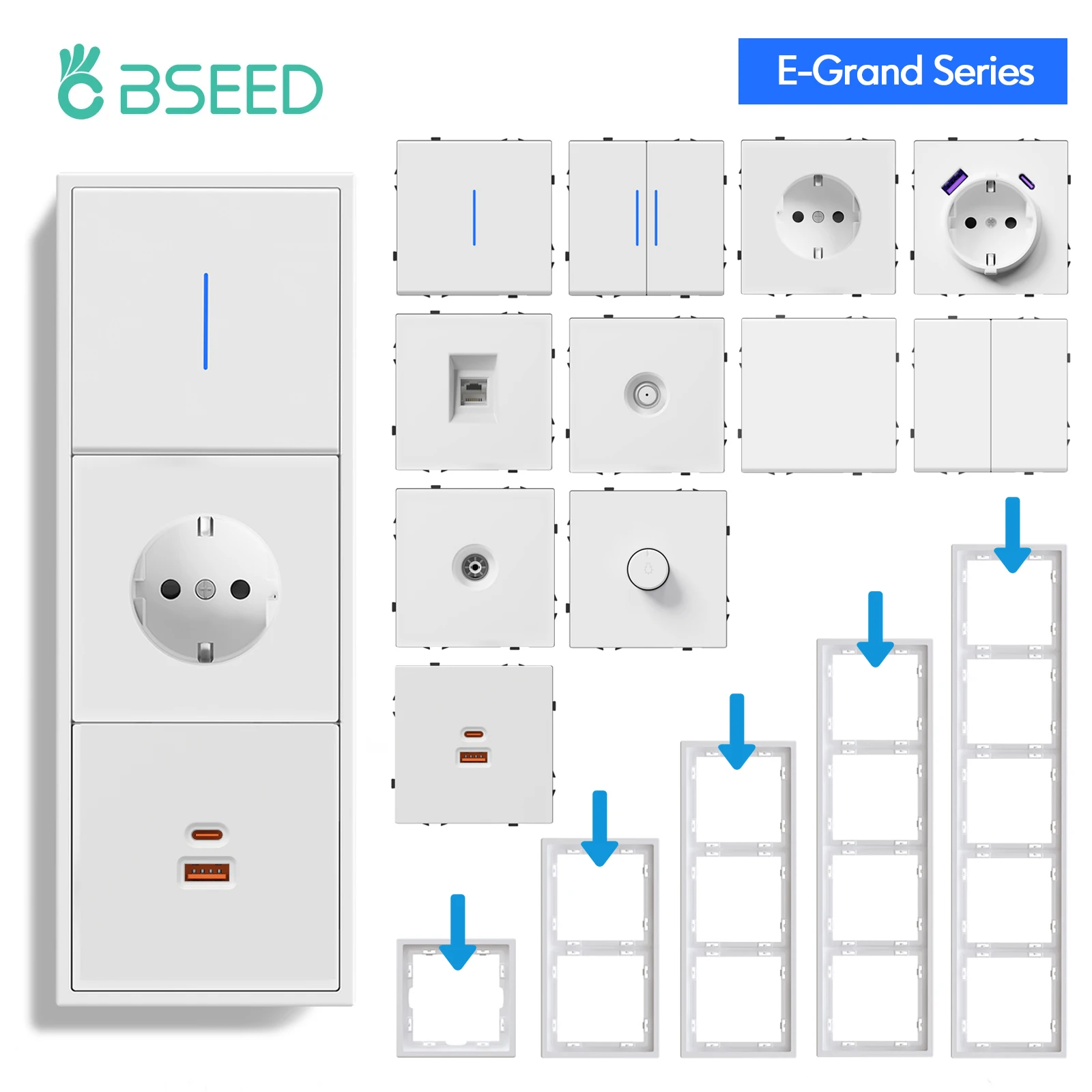 BSEED Wall Button Switch 1/2Gang USB Type-C Wall Socket Module Part Internet TV Telephone Socket Plastic Frame DIY Function Part