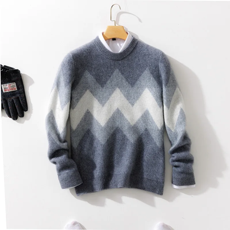 Autumn Winter 100% Merino Wool Men‘s O-Neck Color-Blocking Sweater Pullover Cashmere Long Sleeves  Soft Casual Clothing Top