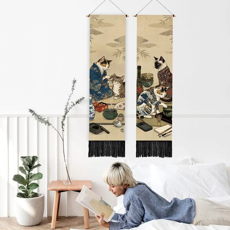 VIKAMA Ukiyo e Long Tassel Tapestry Japanese Kimono Cats Tea Ceremony Wall Hanging Vintage Aesthetic Bedroom Dorm Wall Decor