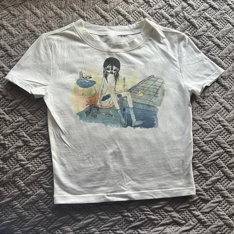 

2000-е Эмо Девушка Эстетическая Детская Футболка Уличная Одежда Готический Harajuku Y2K Стиль Одежда Футболка с Графическим Принтом Винтаж Женский Укороченный Топ