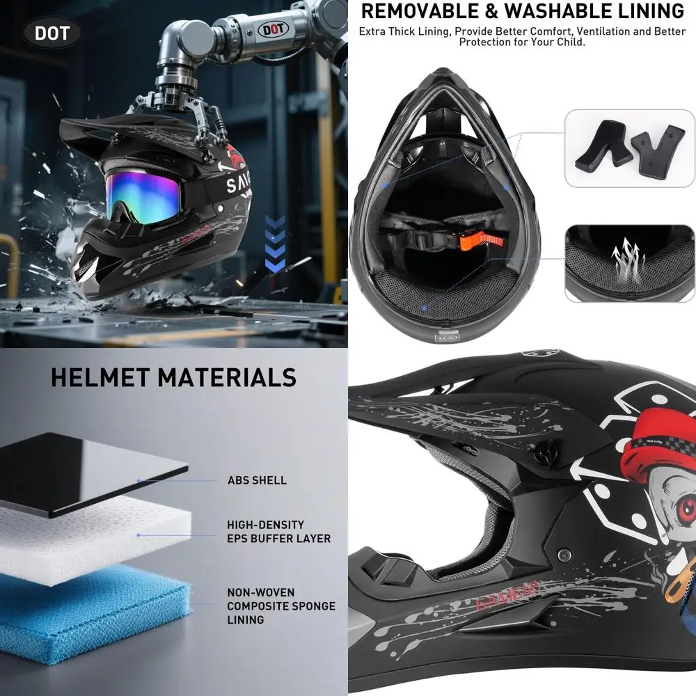 

Youth Dirt Bike Motocross Helmet Set with Goggles, Gloves, Face Mask - DOT Certified Full Face Helmet for Kids (Black Skull, Siz