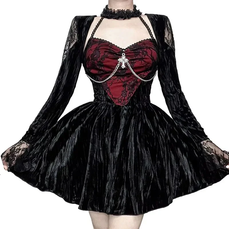 2025 New Vintage Dark Gothic Velvet Dress Women Y2k Aesthetic Elegant Lace Patchwork Halter Long Sleeve High Waist Corset Dress