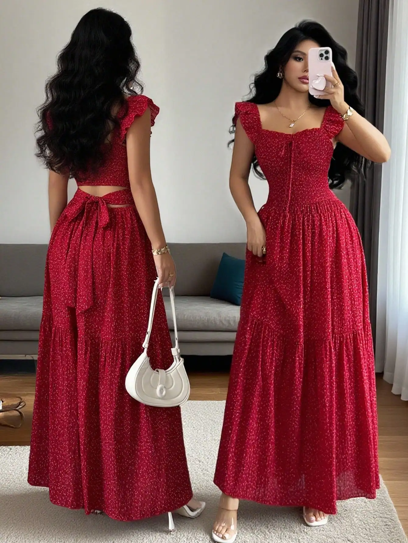 Vestido Maxi Vermelho com Poás para Mulheres, com Mangas em Camadas e Laço nas Costas, Estilo Elegante de Verão