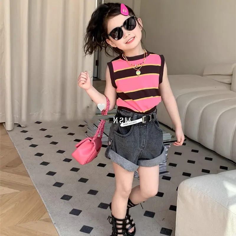 Boys and Girls Pants Cuffed Hem Button Jeans Shorts25Summer New Foreign Trade Children's Wear3-8Birthday gift belt