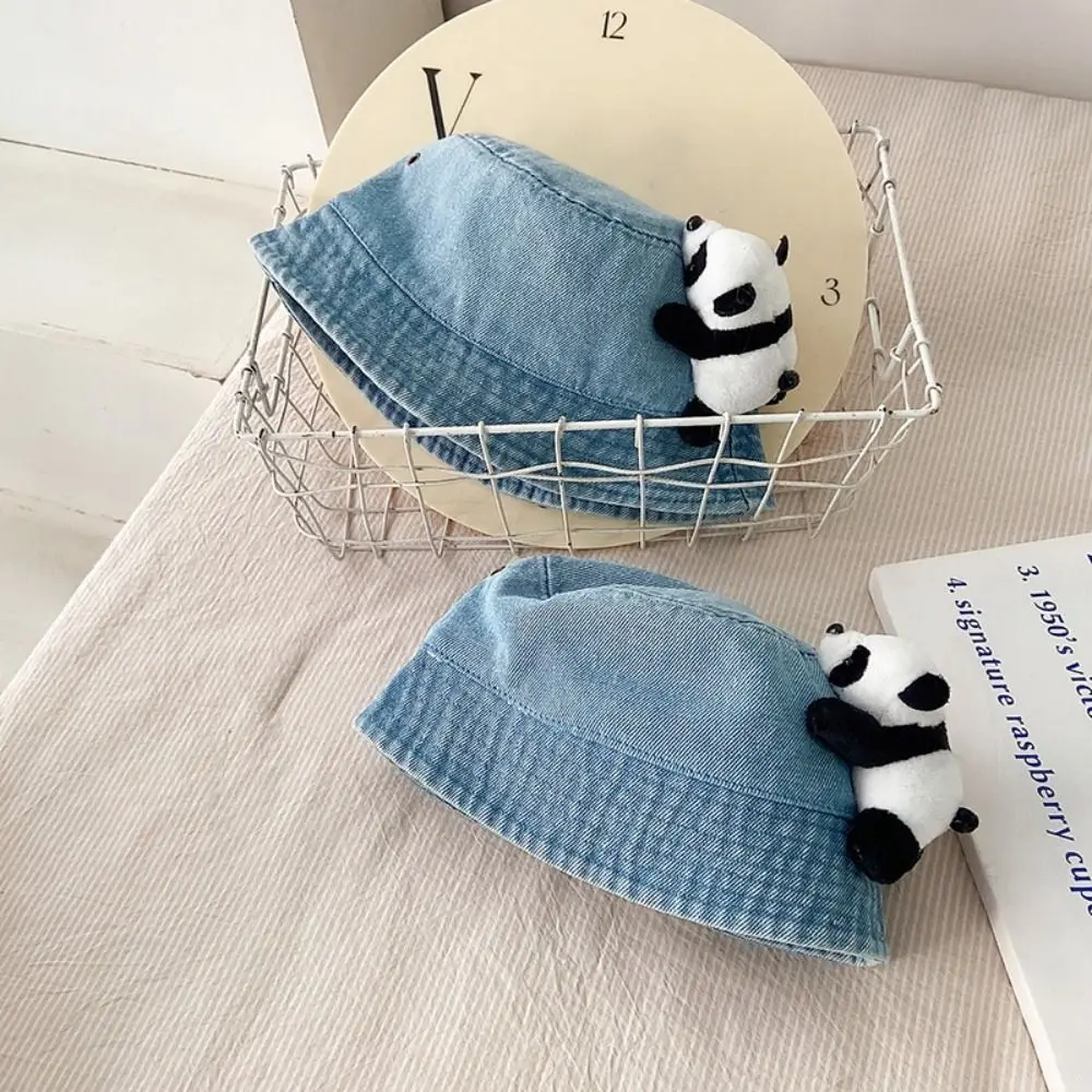 

New Cartoon Panda Decoration Baby Bucket Cap Cotton Washed Denim Fisherman Hat Large Eaves Cowboy hat Kids