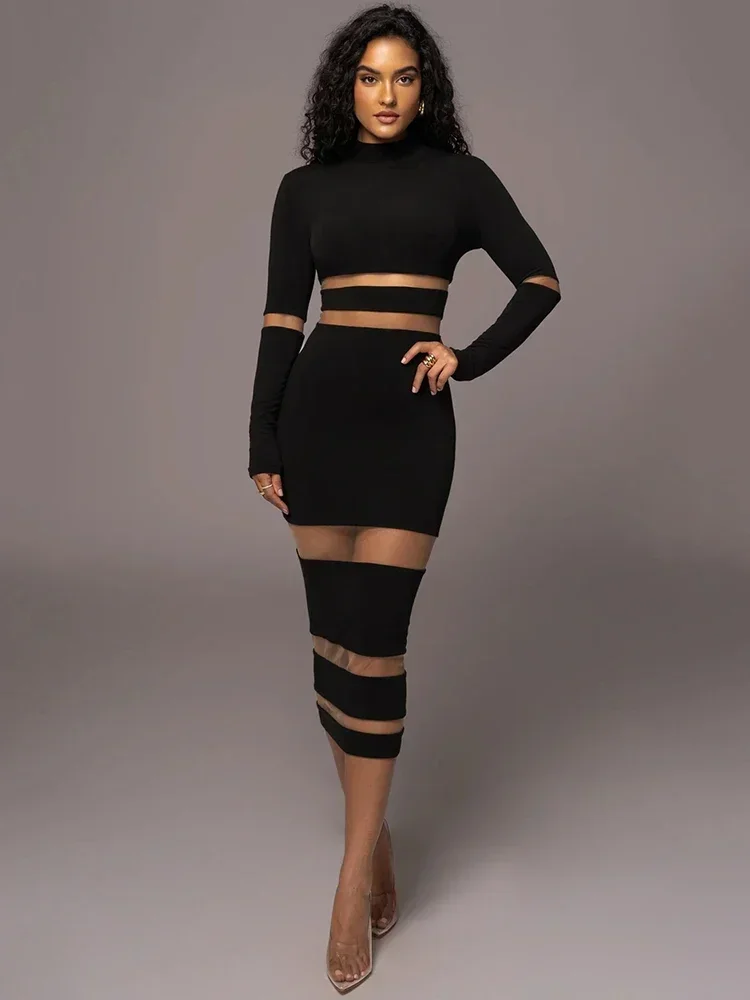 

Turtleneck Long Sleeve Club Party Sexy Dress Elegant Patchwork Bodycon Sexy Midi Dress For Women 2024 Autumn Winter New