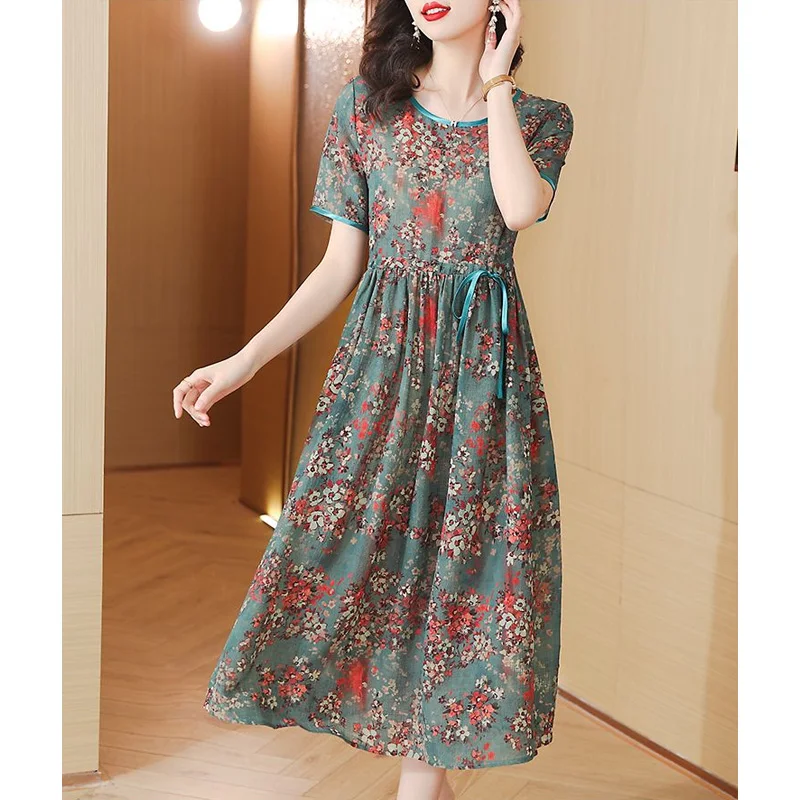 2023 New Summer Fashion Trend Temperament Round Neck Print Waist Tie Up Slim Commuting Simple Leisure Vacation Women's Dress