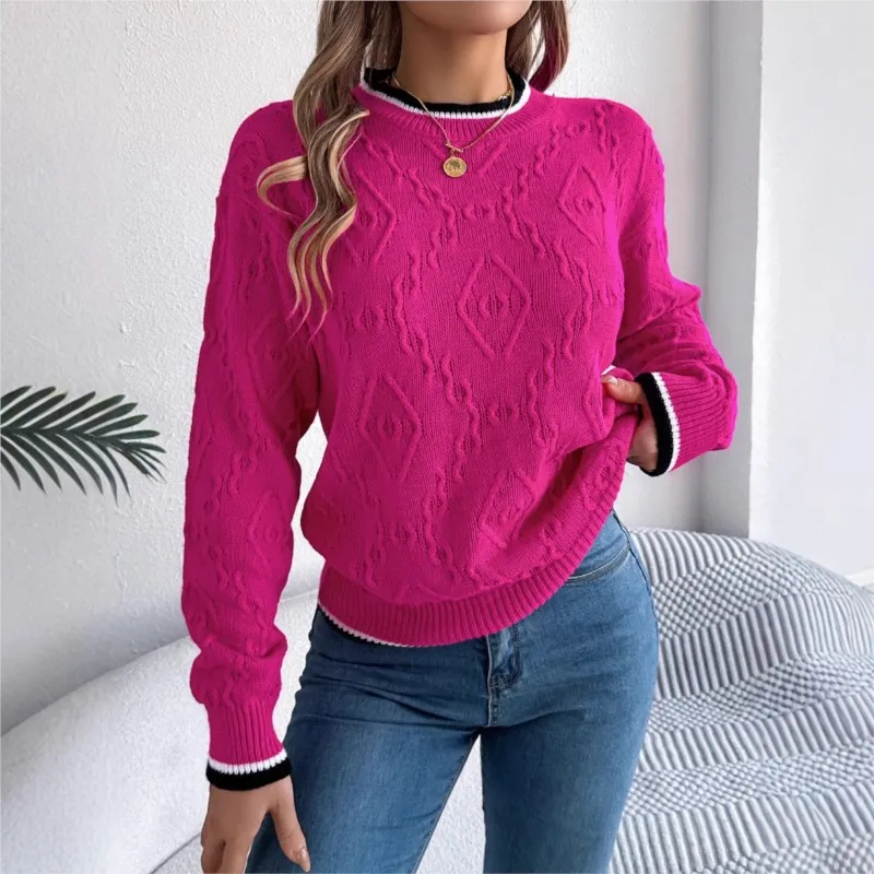 Sweater rajut wanita, kasual warna Solid leher bulat manset dengan lengan lentera mawar merah atasan Sweater musim gugur produk baru 2024