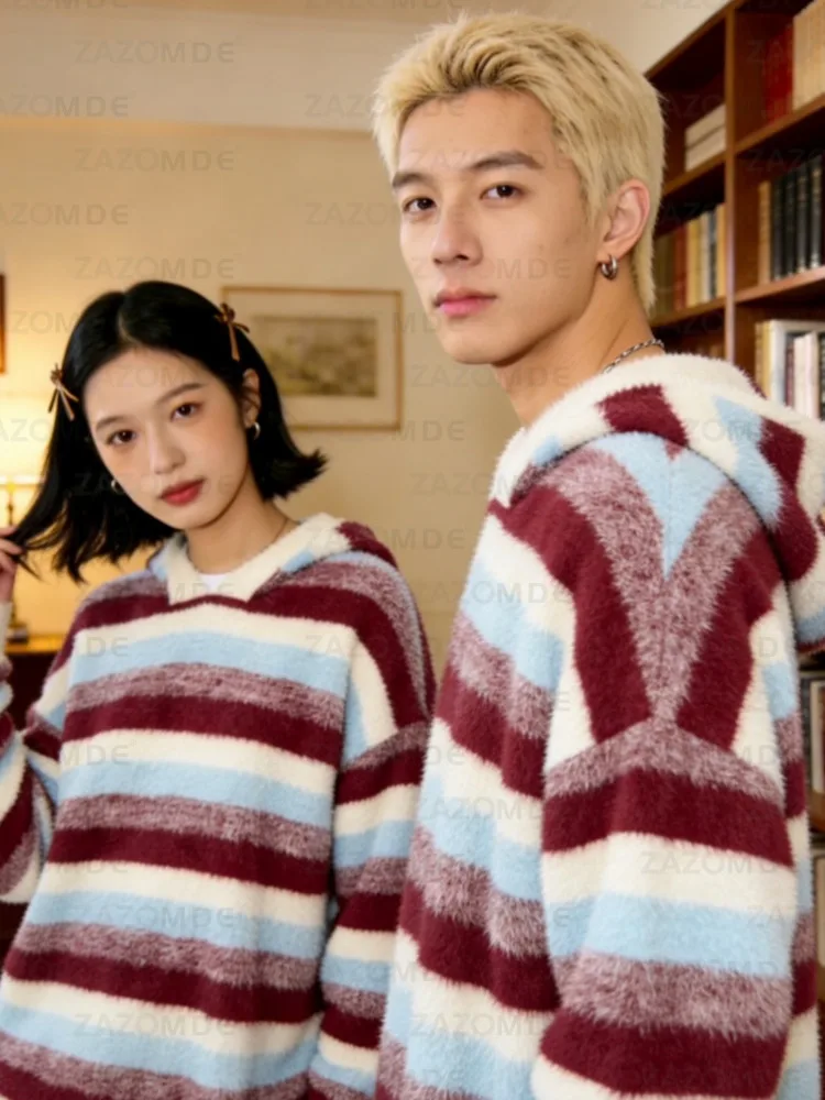 ZAZOMDEUnisex الأحمر مخطط معطف بقلنسوة رجل إمرأة عادية الشارع الشهير متماسكة البلوز مزيج القطن الناعم للأزياء الحضرية اليومية