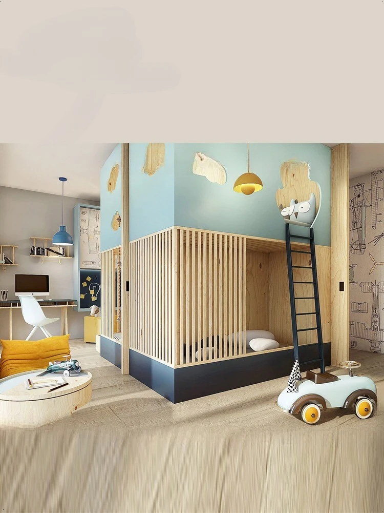 Tempat tidur kayu solid, rumah bermain anak, tempat bermain rahasia model awan, model tangga