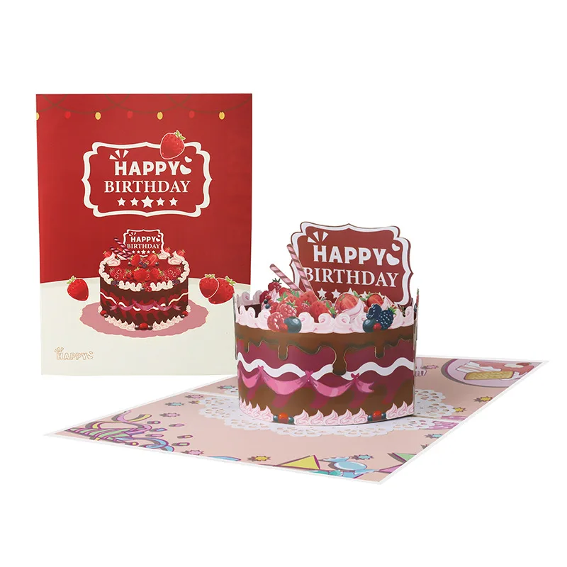 

2 Pcs Creative New Birthday Card 3D Handmade Blessing Card Strawberry Cake Card Gift
