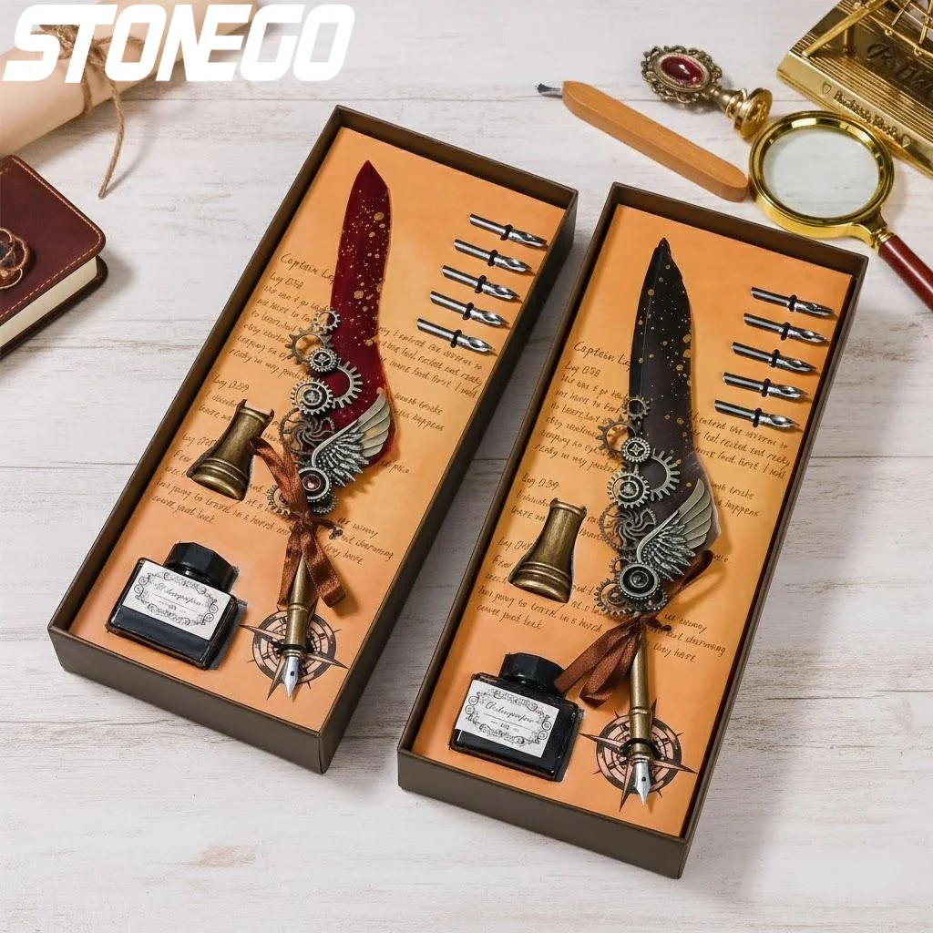 

Vintage Wing Design Dip Pen Set with Stand Classic Feather Shape for Calligraphy Art Signature Craft 15ml Refill Ink Bottle