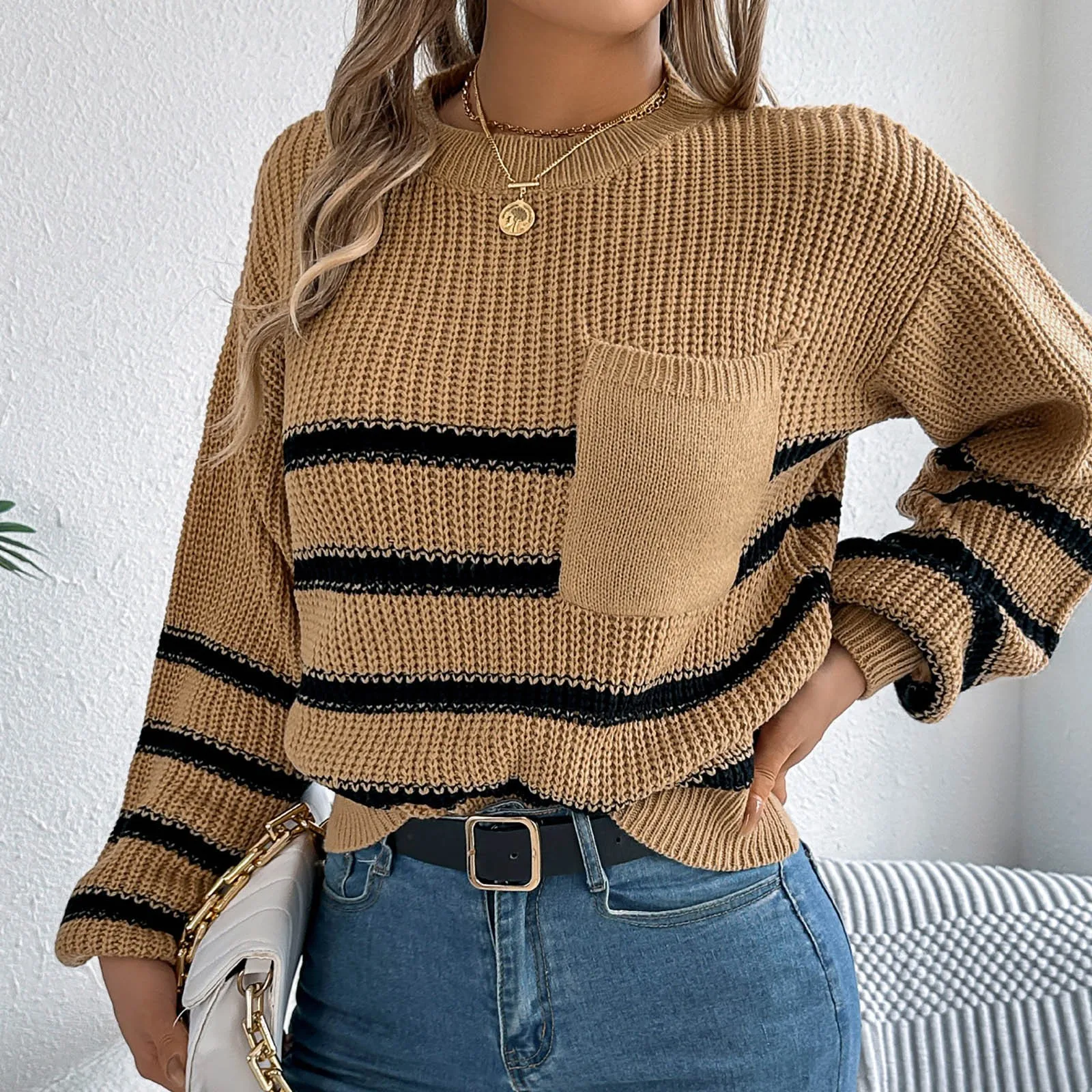 Striped White Sweater Women New Loose Drop Shoulder Round Neck Color Matching Knitted Long Sleeve Pullover 2024 Ladies Sweater