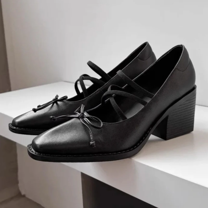 

Ретро-туфли Мэри Джейн коричневого цвета с квадратным носком, женские модные туфли с бантом, дизайнерские, удобные, на эластичной резинке, на массивном каблуке