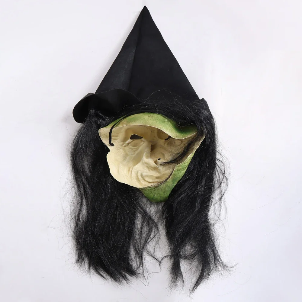 Halloween Horror Old Witch Mask with Hat Cosplay Scary Clown Hag Latex Masks Green Face Big Nose Old Women Costume Party Props