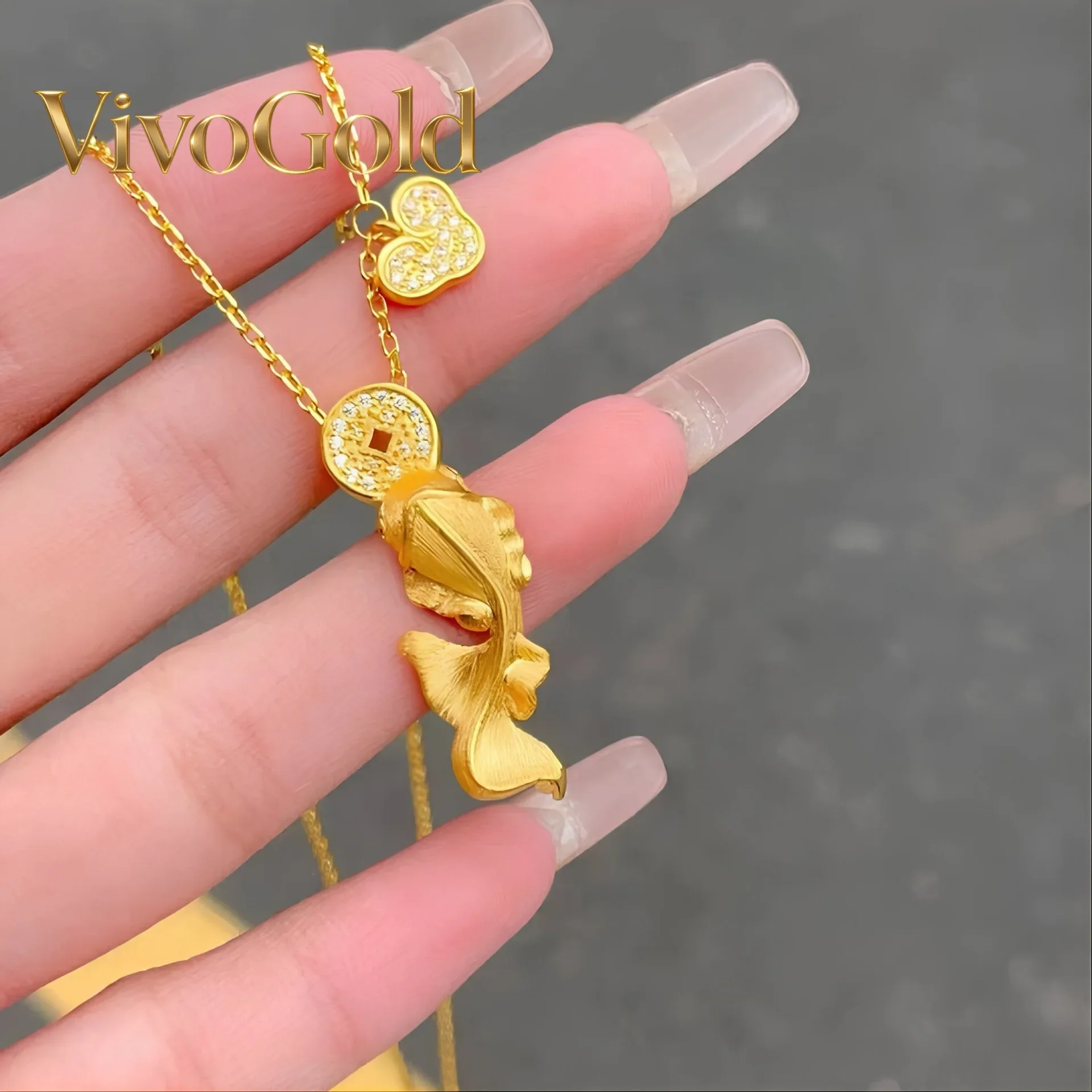 VivoGold24K real gold coins swallowing koi fish necklace for women 9999 diamonds inlaid with versatile of wealth-winning goldfis