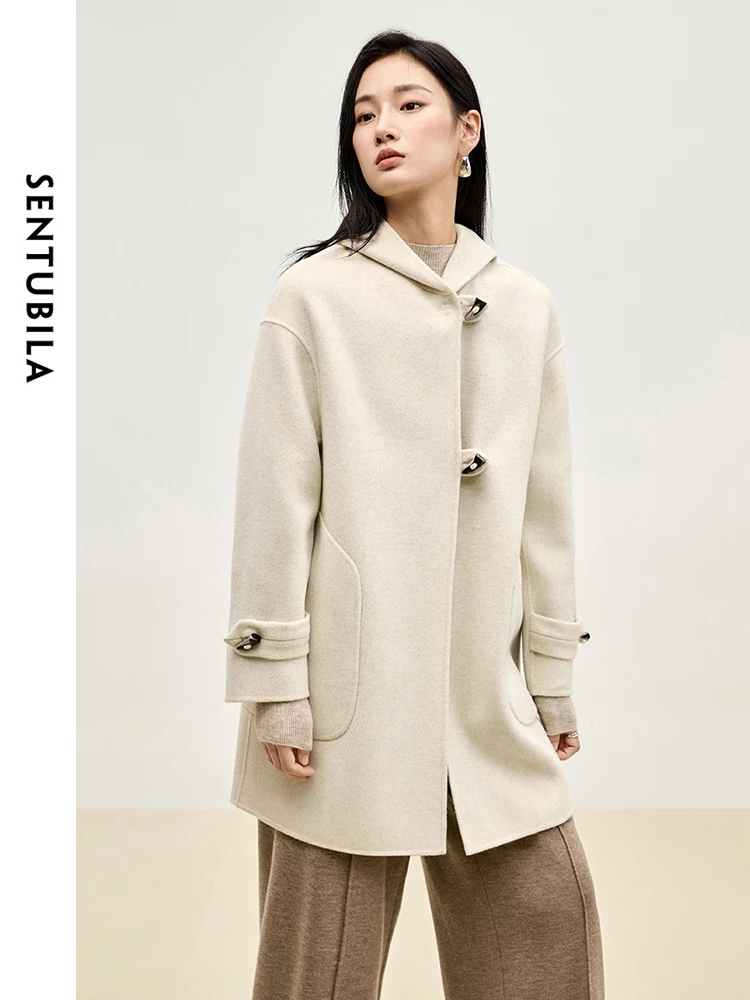 SENTUBILA Double Sided 100% Woolen Coat 2024 Winter Mid-length Straight Bull Horn Buckle Female Hooded Outwear W44O55979