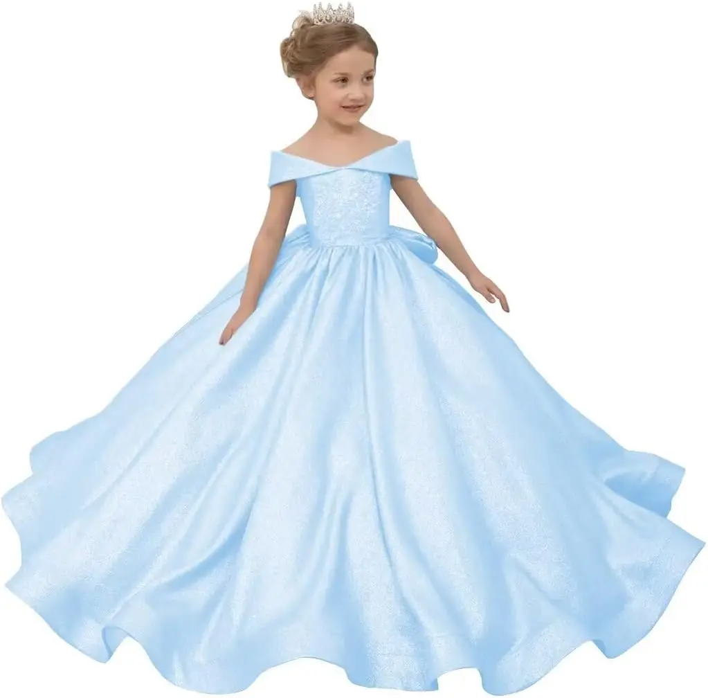 Vestidos de niña de flores para boda, vestido de primera comunión de satén con hombros descubiertos, vestidos de desfile de princesa para niñas, vestido para niñas