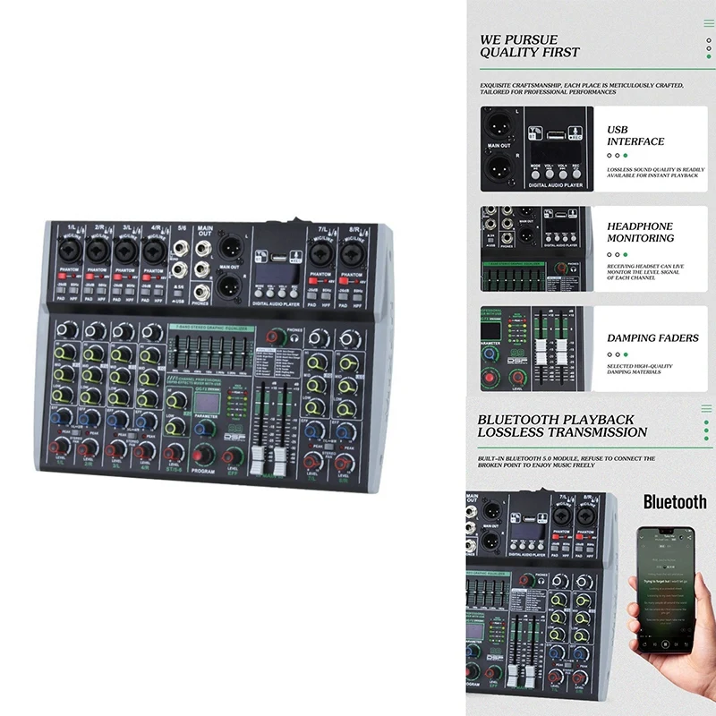 

Professional 8 Channel Audio Mixer Built-In 99DSP 7-Segment Balanced Effect Bluetooth Live Recording XLR Mixer