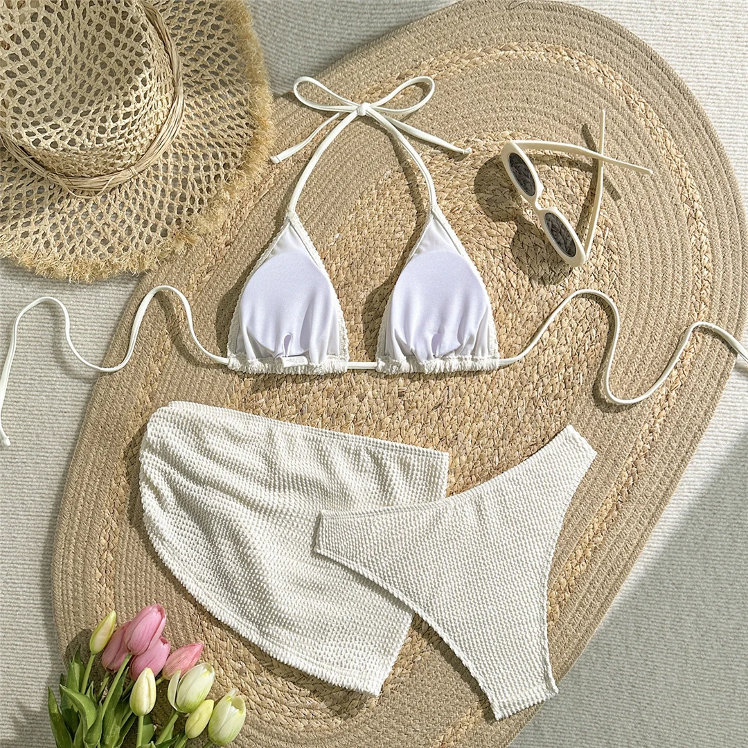 Mit Rock, geraffter, knitteriger Neckholder-Bikini, Damen-Badebekleidung, dreiteiliges Bikini-Set, Badeanzug, Badebekleidung, Schwimmbekleidung V7027 – Detail 11
