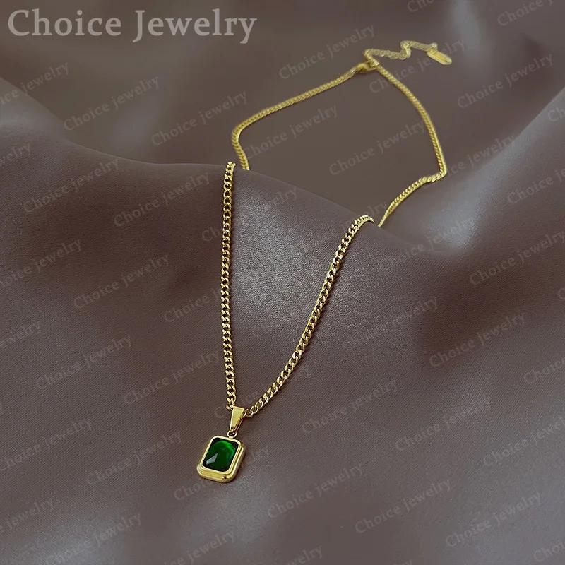 925 Sterling Silver Green Zircon Square Pendant Necklace For Women Men Creativity Street Gift All-match Party And Daily Wear