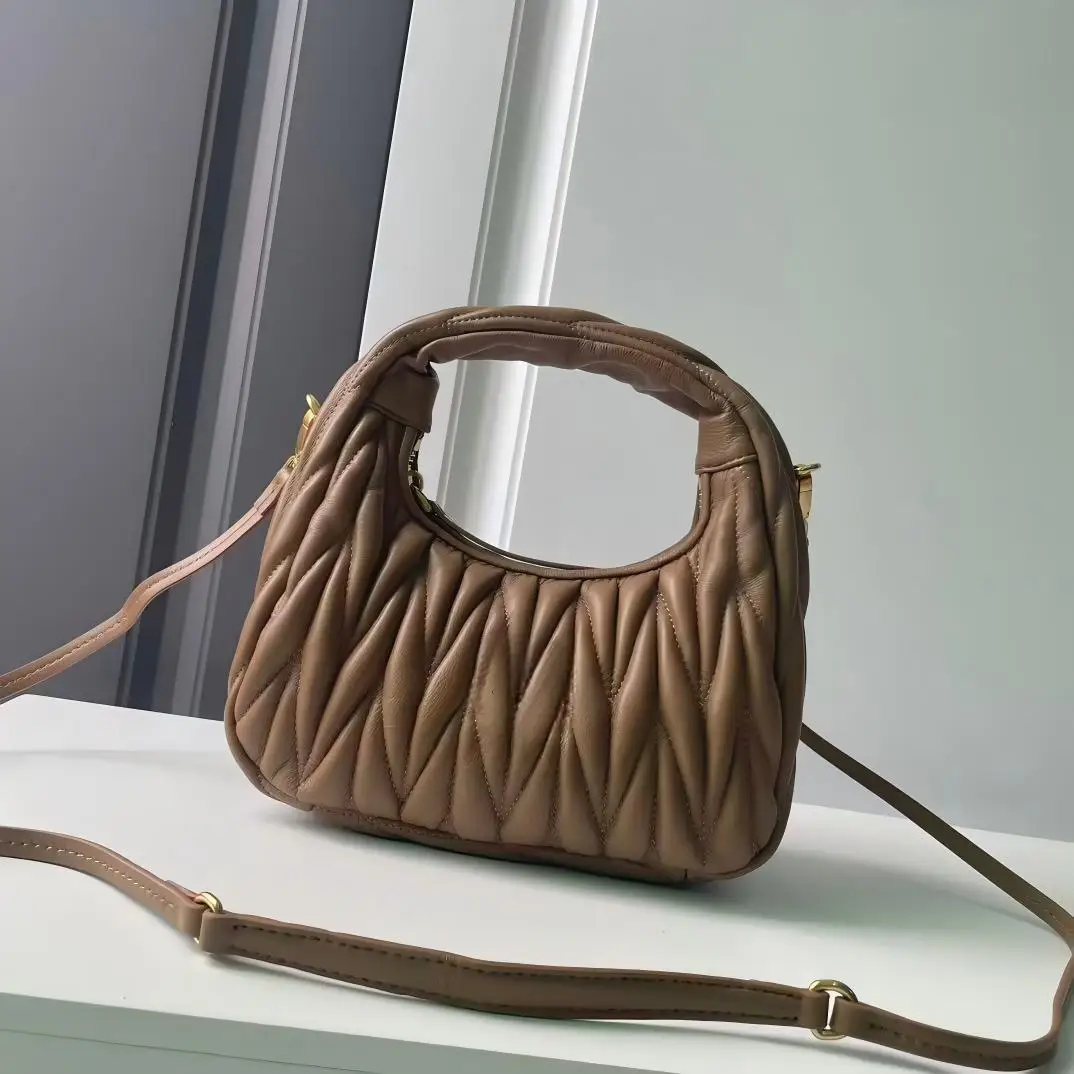 

Genuine Leather Pleated Cloud Bag Women Vintage Crescent Hobo Bag Underarm Shoulder Crossbody Handbag