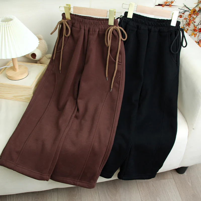 

Girl Winter Clothes Sweatpants 2024 New Model Casual Straight Pants Loose Velvet Solid Color Soft Warm Wide Leg Pants