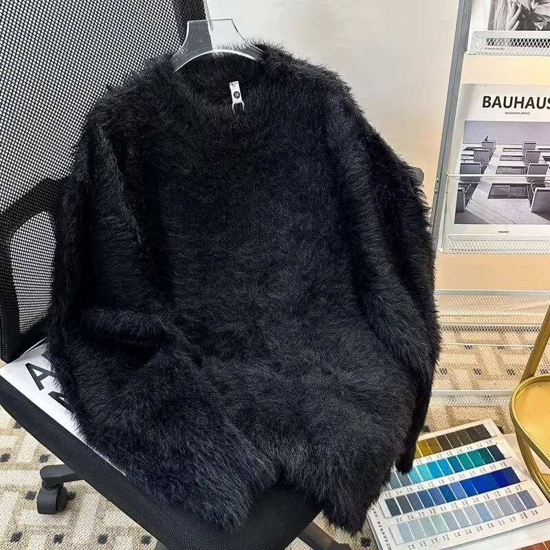 

Свободный крой, вязаный однотонный свитер, пальто для колледжа, дизайн, круглый, с длинным мехом, мужская зимняя верхняя одежда, повседневная одежда