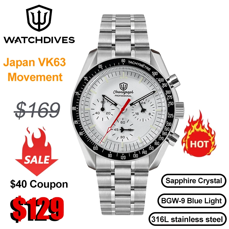 Watchdives WD1863 New Dial Chronograph Watch VK63 Sweep Movement