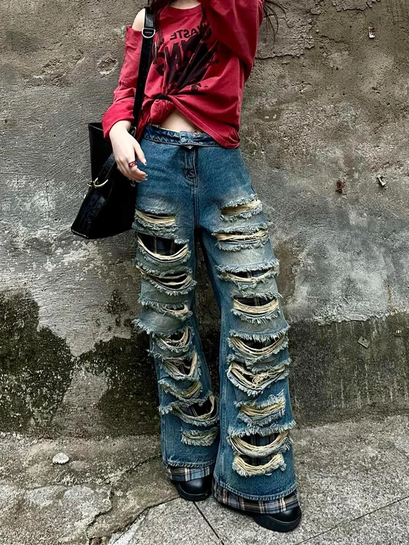 American High Street Design Double Layer Denim Jeans Women Summer Punk Spicy Apy Dragging Long Pants High Waist Straight Leg