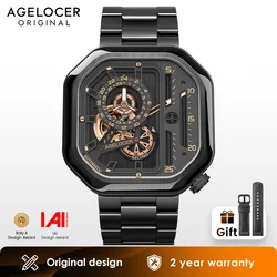 AGELOCER Original Racing Watch Steel Strap Men's Square Luminous Skeleton Automatic Mechanical Watch Birthday Gift for Men