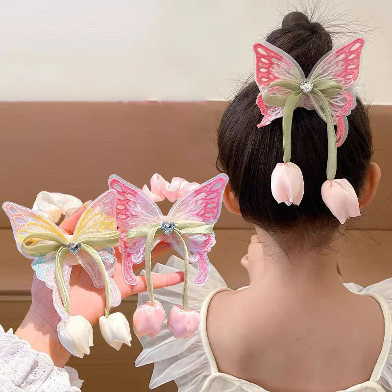

1 Piece New Cute Tulip Tassel Butterfly Girls Elastic Hair Bands Kids Princess Hair Accessories Children Hair Ties Baby Headwear