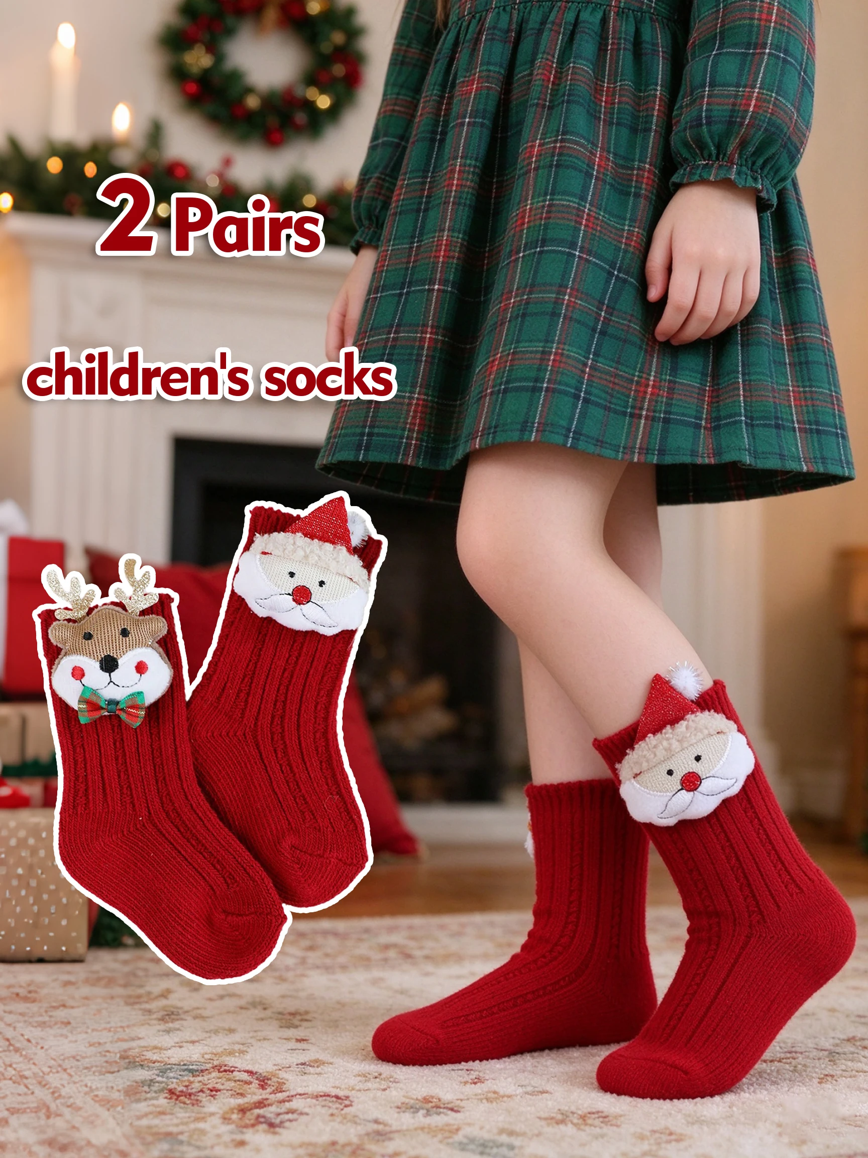 2 Pairs Toddler Christmas Knit Mid Calf Floor Socks 3D Santa Reindeer Doll Decor Warm Autumn Winter Holiday Socks for Kids 0-7Y